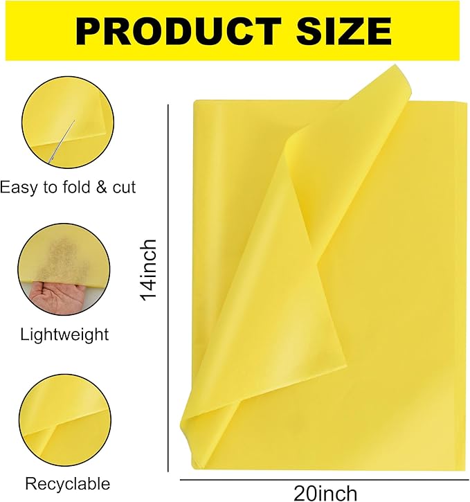 BEISHIDA 100 Sheets Yellow Tissue Paper Bulk, Wrapping Tissue Paper for Gift Bags, 14 x 20 Inch Gift Wrap for Birthday Wedding Graduation DIY Crafts Holiday Flowers