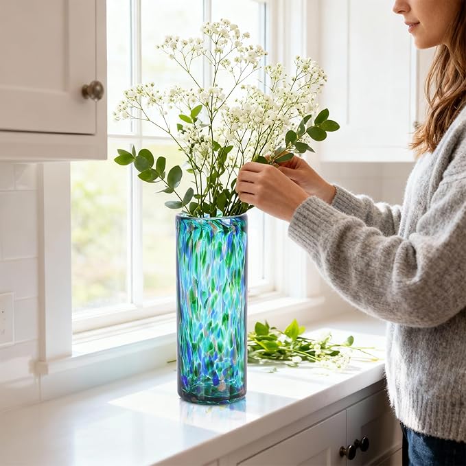 9.45" Tall Teal Vase Hand Blown Glass Vase Green, Modern Teal Home Centerpieces Wide Mouth Vases for Bud&Flower Decor - Ideal Living Room, Kitchen, Wedding, Dining Table, Office Center Table