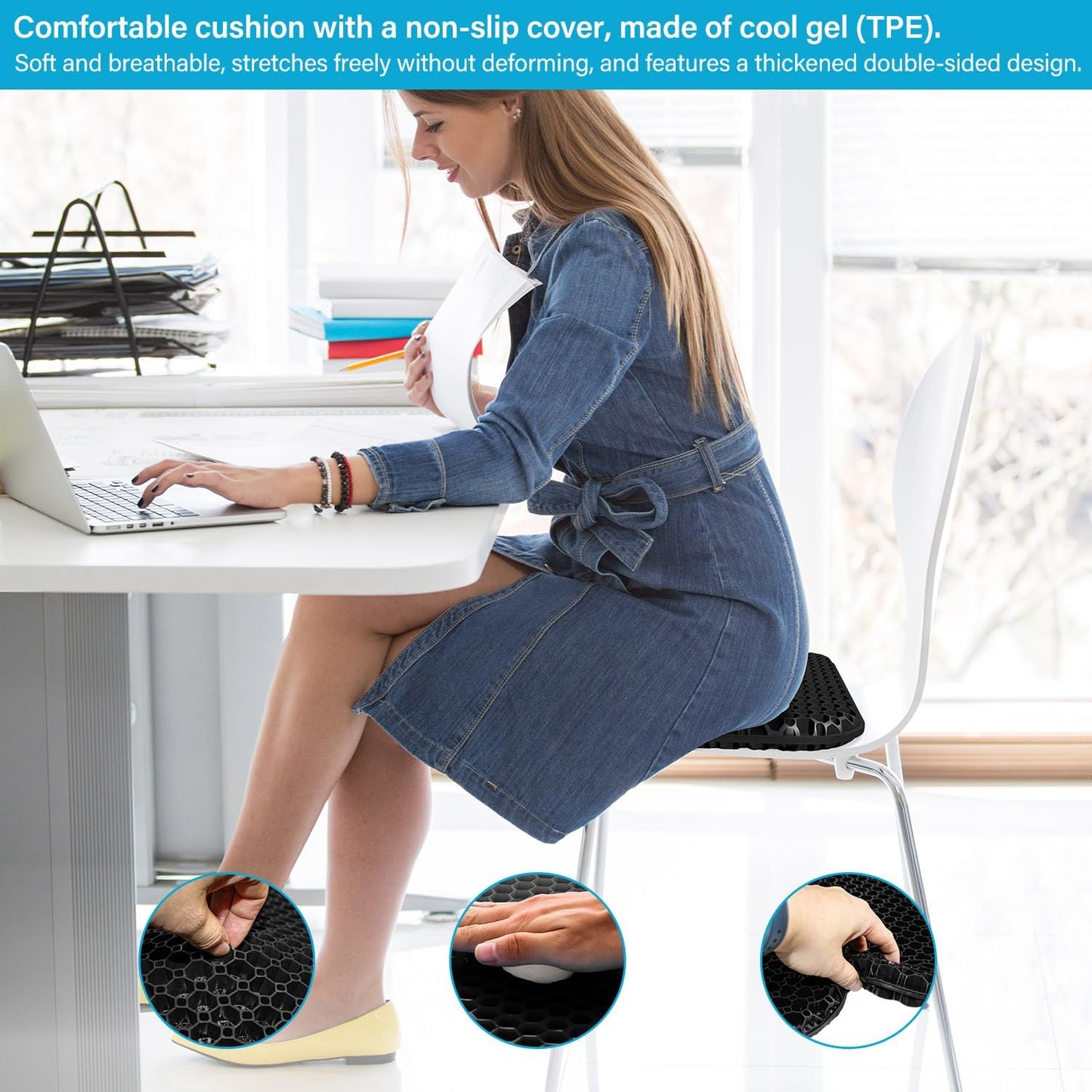 Skiennix Gel Seat Cushion - Thick, Soft & Breathable for Long Sitting | 18 x 17 Inches, Black