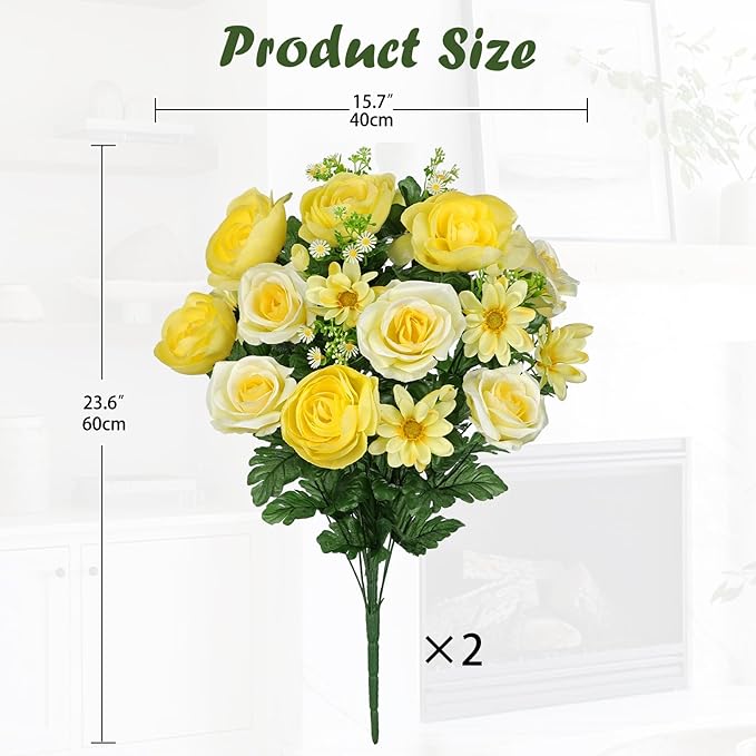 Hollyone Set of 2 Artificial Cemetery Flower for Graves Yellow Cemetery Memorial Flowers for Outdoor Grave Decorations Silk Flower Arrangements Rose Ranunculus Gerbera Floral Flowers Bouquets