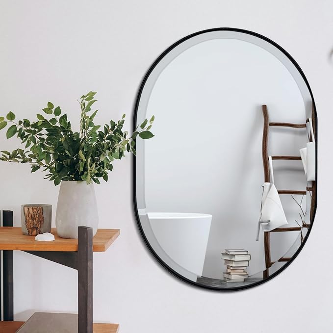 POZINO Oval Beveled Mirror, 24"x36" Bathroom Vanity Mirror Over Sink, Pill Shaped Capsule Wall Mounted Mirrors, Modern Oblong Mirrors for Living Room Bedroom Entryway, Hangs Vertically or Horizontally