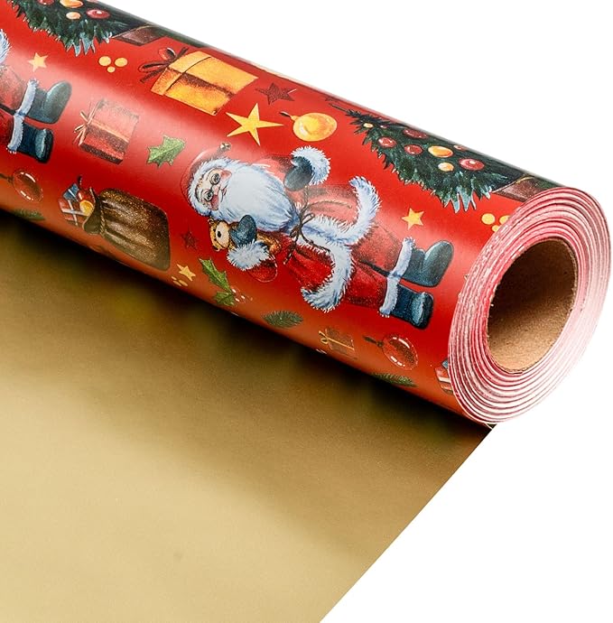 MAYPLUSS Christmas Wrapping Paper Roll - 17IN X 33FT - Red Gift Wrapping Paper Featuring Santa Claus Christmas Tree Snowman Reversible Gold for Kids, Holiday, New Year