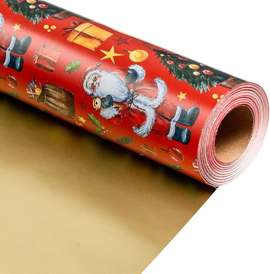 MAYPLUSS Christmas Wrapping Paper Roll - 17IN X 33FT - Red Gift Wrapping Paper Featuring Santa Claus Christmas Tree Snowman Reversible Gold for Kids, Holiday, New Year