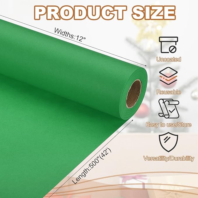 PATIKIL Wrapping Paper, 12" x 500"(42') 70 GSM Craft Paper Roll Kraft Packing Paper for Poster Bulletin Board, Gift Wrapping, Green