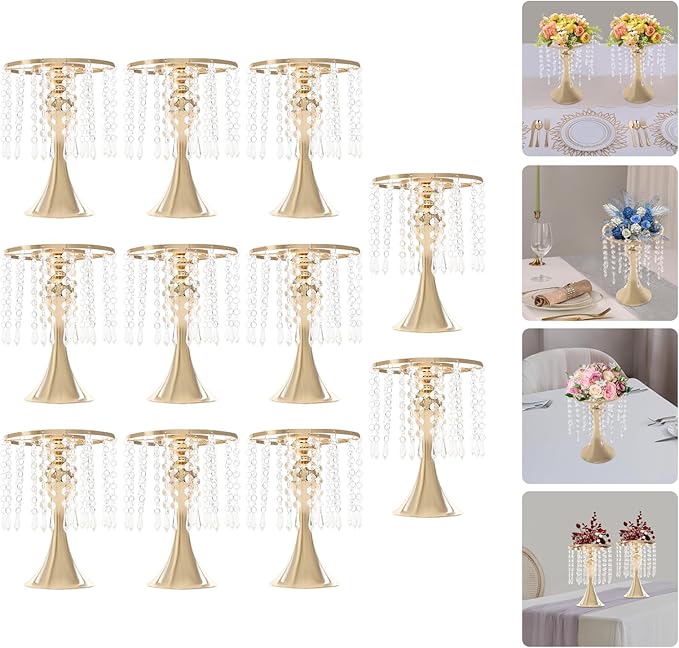 Flower Stand Vase, 10 Pcs Glam Crystal Wedding Reception Decorations with Sparkling Beads Table Center Display Flower Arrangement Flower Stand Metal Vase for Event Party Decor (Gold, H:10.23in)
