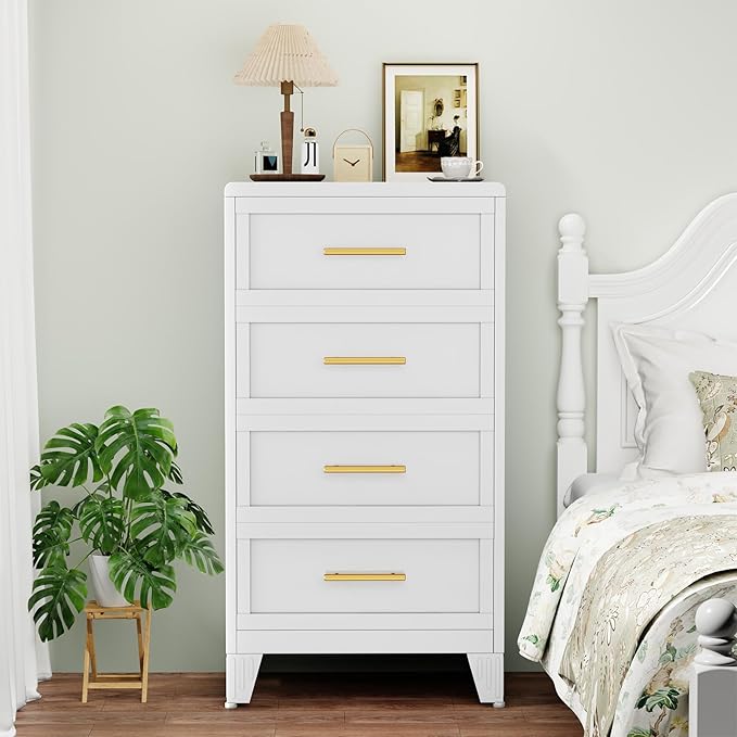 4 Drawers Tall White Dresser for Bedroom, 44.45" Metal Dressers & Chests of Drawers Curved Corner Design, Storage Organizer Drawer Chest with Large Capacity for Living Room, Entryway, Hallway