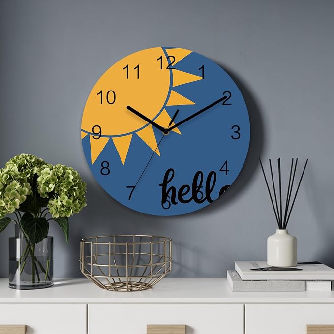 Sunburst Rays Wall Clock Battery Operated Non-Ticking 10" Round Wood Clocks, Mustard Yellow Slate Blue Kitchen Wall Clock for School Bathroom Living Room Home Office Wall Decor