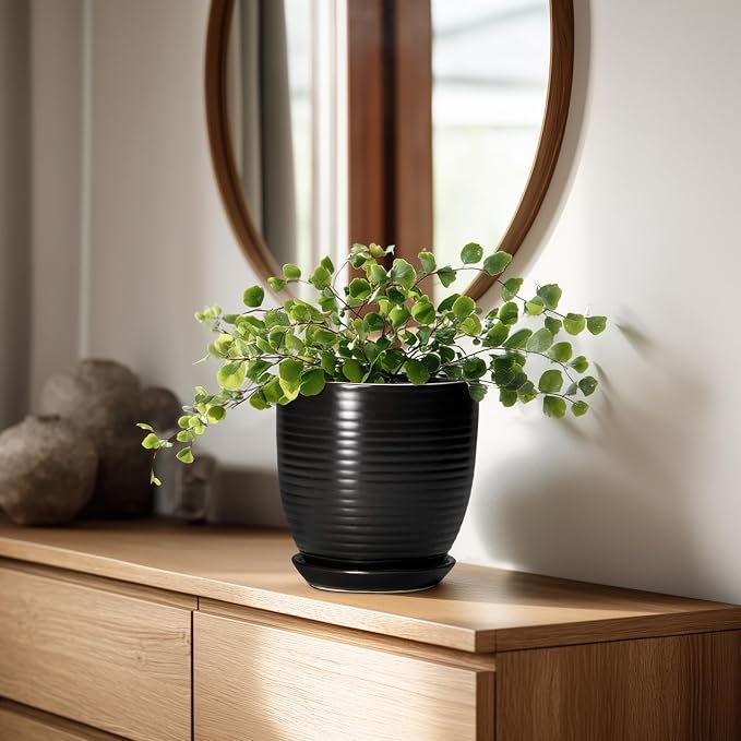 6 Inch Plant Pot - Ceramic Planters for Indoor Outdoor Plants, Modern Flower Pots with Drainage Hole and Saucer, Round Ceramic Planter, Office Room Decor, Gifts for Plant Lovers, Matte Black