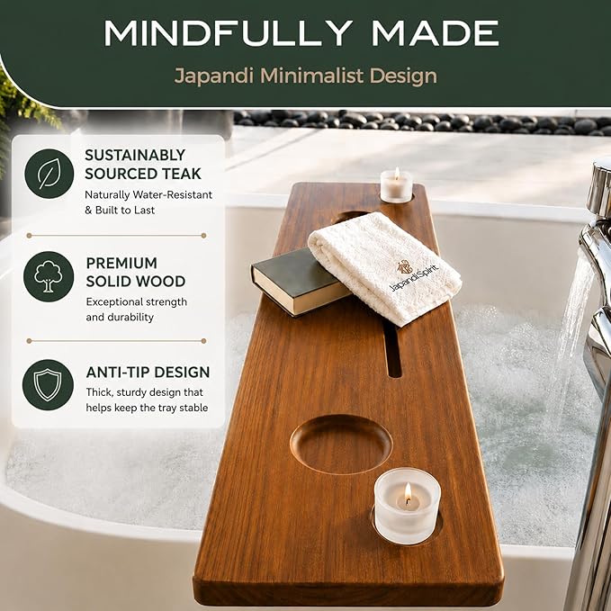 Teak Bathtub Tray for Tub 35” | Bath Tub Tray Wood for Large & Freestanding Tubs, Bathtub Trays for Tub, Bath Tray for Tub, Bath Table Tray | Grand Fjord by JapandiSpirit