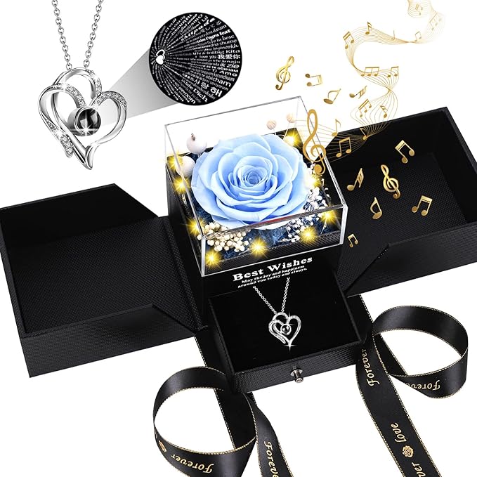 Christmas Birthday Gifts for Women - Preserved Real Rose with I Love You Heart 100-Language Necklace, LED Lights & Music Gift Box, Christmas for Women Girlfriend Mom