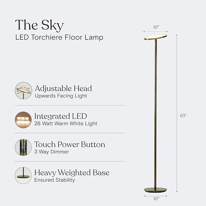 Brightech Sky LED Floor lamp, Torchiere Super Bright Floor Lamp for Living Room Decor & Office - Dimmable, Tall Standing Lamp with Warm Light for Bedroom & Reading - Green