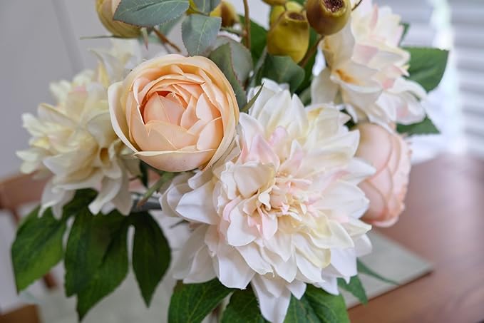2Pcs Artificial Flower Bouquets Decoration, Faux Floral Arrangement Table Centerpiece Home Farmhouse Indoor Decor, Wedding Bride Bouquet, Mixed Fake Flower Picks for Vase/Pot (Cream/Blush/Green)