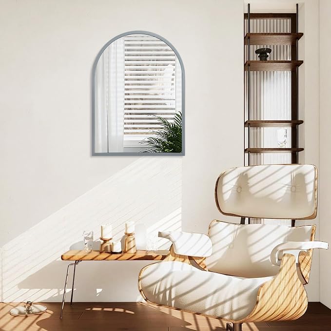 Arch Wall Mirror Bathroom Mirror Metal Framed Mirrors, Arched Wall Mounted Vanity Mirror for Bedroom Entryway Living Room 26"x18" Gray