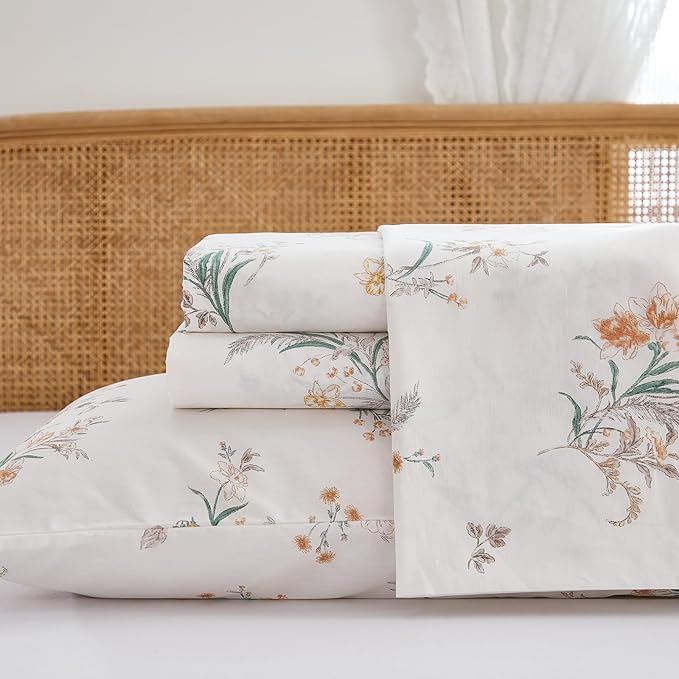 100% Cotton Sheet Set Queen Size – 4-Piece Shabby Chic Floral Bedding Set, Soft Breathable Percale Weave, Deep Pocket Fitted Sheet 17.5", Crisp Cool Feel, Refined Botanical Elegance