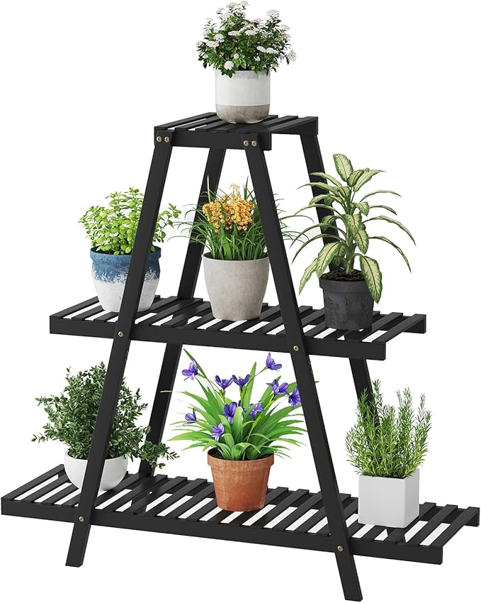 STDDRE Plant Stand For Indoor Outdoor Tiered Plant Shelf 3 Tier 8 Potted Bamboo Flower Holder Ladder Rack For Multiple Triangle Table Plant Pot Stand (Black)
