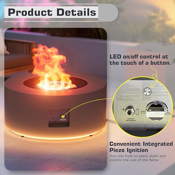 2-Piece 30" LED Round Propane Fire Pit for Outside Patio with Hidden Tank Table, 50,000 BTU Fireplaces with Lid, Glass Rocks, Cover(Dark Grey w/Golden Light)