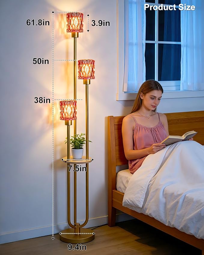 Lightdot 3-Lights Floor Lamp for Living Room Modern Gold Floor Lamp with Rose Red Glass Shade for Wedding/Party Farmhouse Tall Standing Lamp with 5Lbs Heavy Base for Bedroom/Sofa Beside/Corner Decor