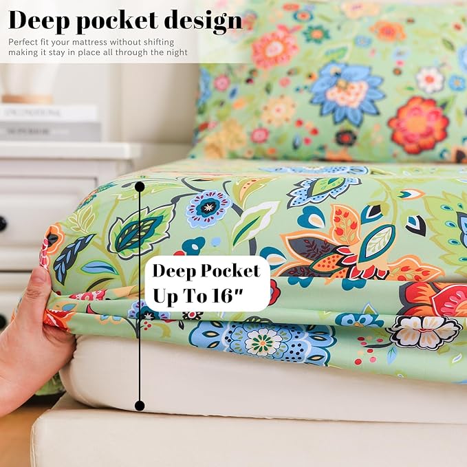 Bedlifes Twin Sheet Set Ultra Soft, Breathable, Silky Flower Deep Pocket 100% Microfiber Bedding, 3 Piece Twin Size with Floral Sage Green