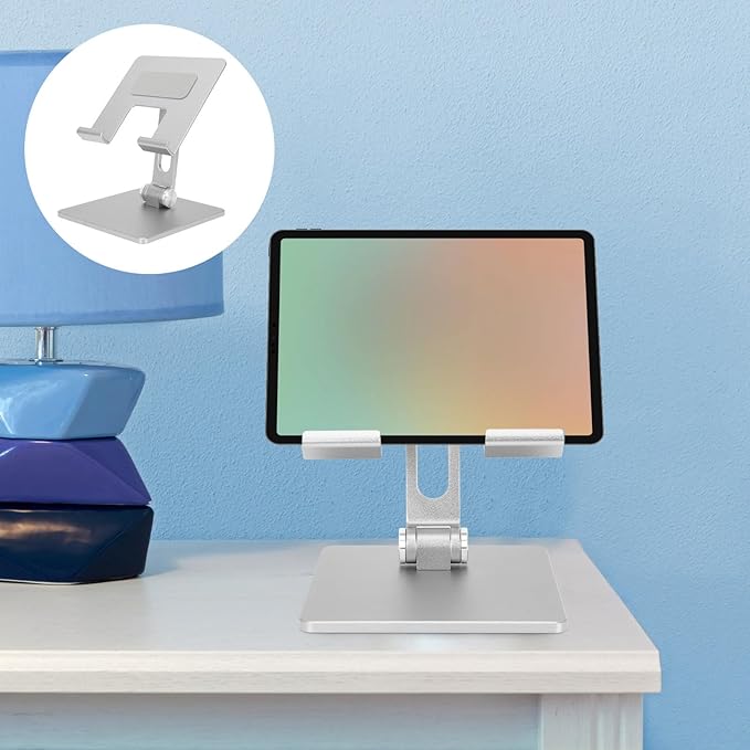 MUELODSIC Folding Aluminum Alloy Tablet Stand and Adjustable Laptop Holder for Desk Use, Portable Foldable Tablet Bracket Compatible with Ipad, Silver Gray Design for Home and Office