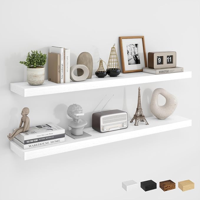 Dreamland 40Inch Floating Shelves for Wall, Rustic Wooden White Floating Shelves for Living Room, Kitchen, Farmhouse, Deep Wall Mounted Book Shelf, Wood Storage Display Shelf for Home Decor, Set of 2