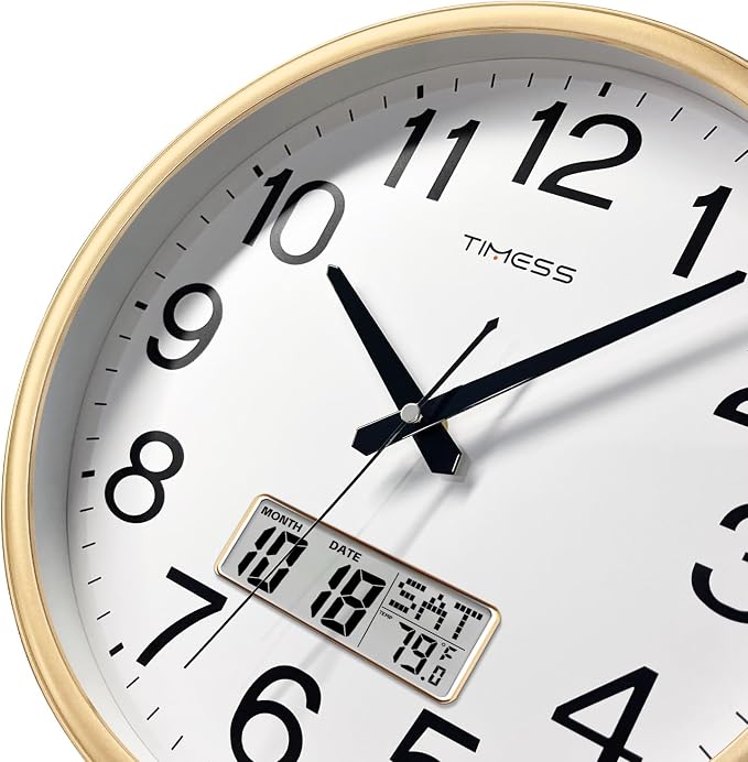 TIMESS Wall Clock, 11 Inch Non-Ticking Silent Battery Operated Quartz Analog with LCD Display for Perpetual Calendar and F° Temperature, Ideal Modern Home, Bedroom, Kitchen, Office Décor (Gold)