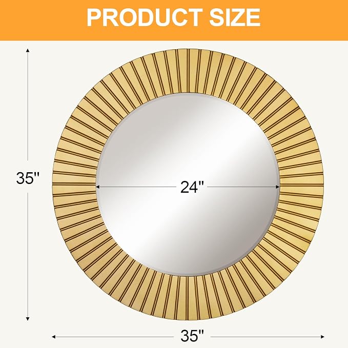 Chende Round Gold Mirror, 36'' Large Decorative Mirror for Wall with Wood Frame, Elegant Accent Gold Mirrors for Living Room, Entryway, Bathroom