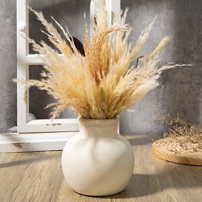 Ceramic Rustic Farmhouse Vase | 6 Inch Pottery Decorative Flower for Home Decor | Boho Vase | Terracotta for Table, Living Room, Bathroom Decoration, Shelf Decor, Mantel, White