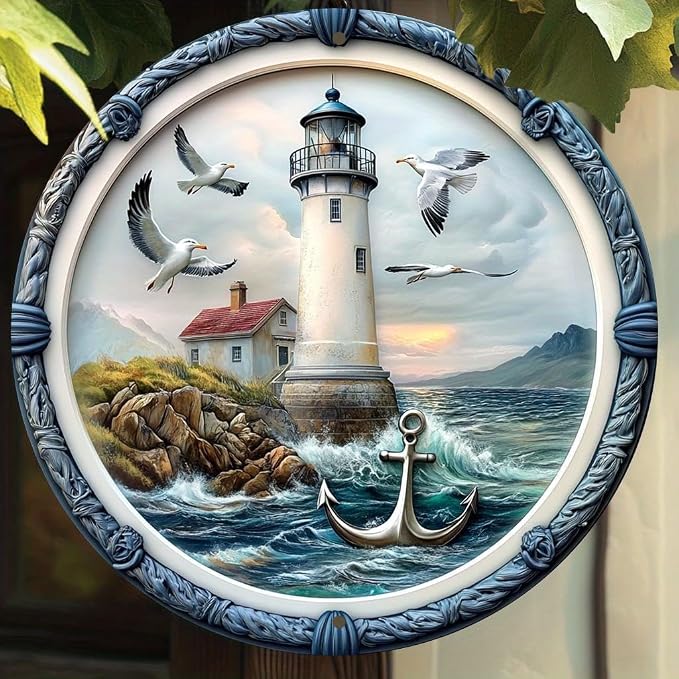 1pc Vintage Lighthouse Aluminum Wall Art Sign - Seagulls and Ocean Theme Metal Decor - Weatherproof, No Battery Needed - Ideal for Home, Fits Christmas, Valentine'S Day8x8 inches