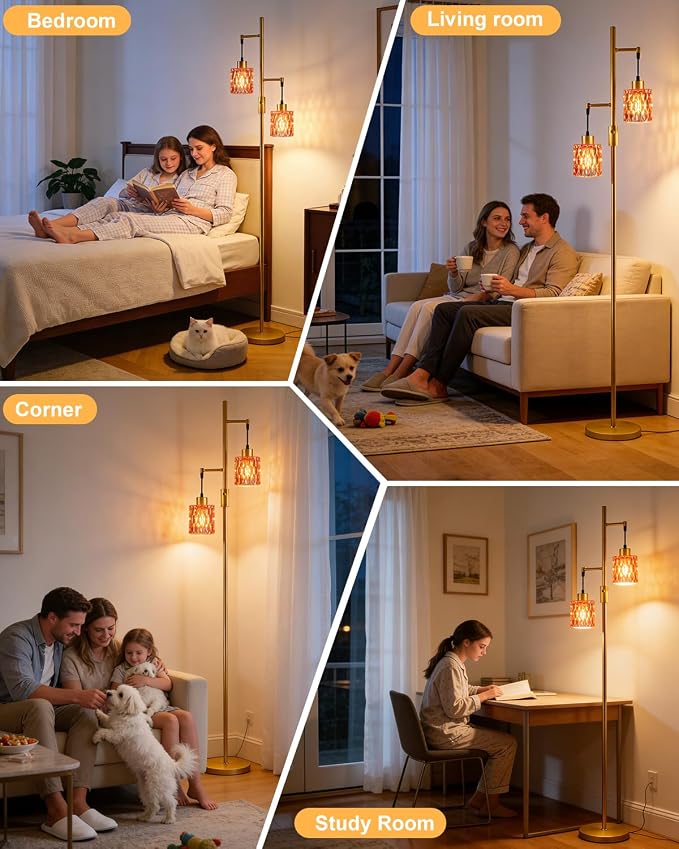 Lightdot 65IN Industrial Gold Floor Lamp for Living Room, 2- Light Deep Red Glass Floor Lamps with Warm White Bulbs, Modern Farmhouse Tree Standing Tall Lamp with 5Lbs Heavy Base for Bedroom