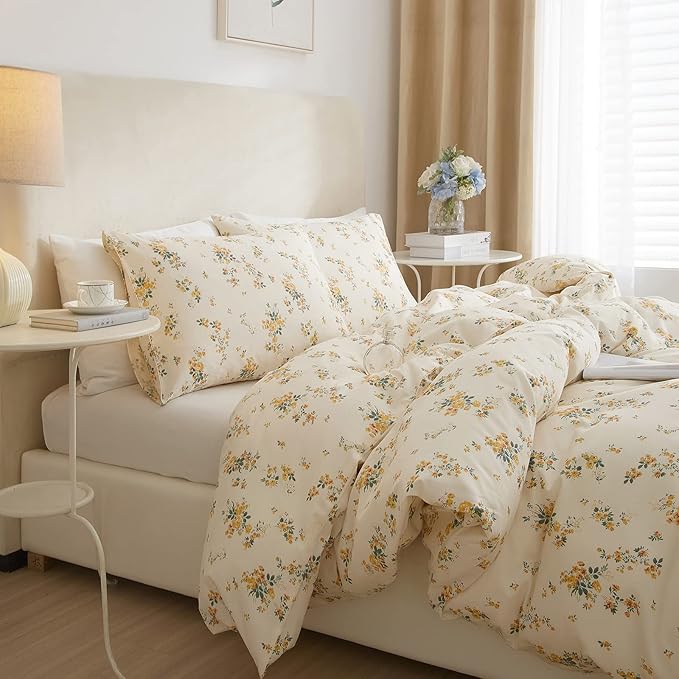 EAVD Garden Style Yellow Floral Duvet Cover King Soft Cotton Bedding Set Chic Botanical Floral Bedding Set with 2 Pillowcases Reversible Aesthetic Comforter Cover for All-Season