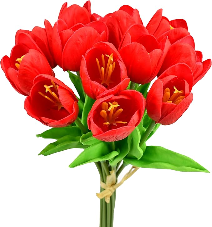 Mandy's Artificial Tulips 12 Stems Red Partially Open PU Faux Flowers for Wedding Home Decor 13.5 Inch