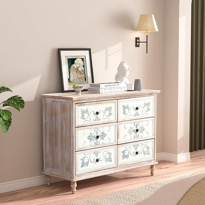 VINGLI White Dresser for Bedroom, 6 Drawer Dresser with Carved Flower Pattern, Wood Dressers Chest of Drawers with Solid Wood Legs