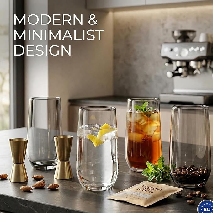 Amber Drinking Glasses Set of 6 | Translucent Yellow Glassware | 16 oz Amber Glass Cups | Highball Drinkware for Cocktails, Long Drink, Mojito, Juice, Soda | Modern Sun-Tinted Drinkware
