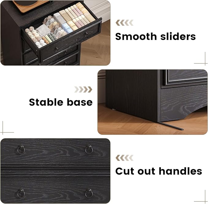 6 Drawer Dresser Tall, 52" Tall Black Dresser for Bedroom, Chest of Drawers, Large Storage Organizer for Clothes, Grey Vintage, for Living Room, Bedroom, Hallway
