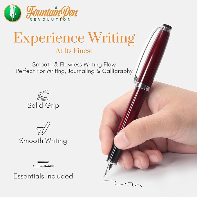 FPR Ambassador Ultra Flex Nib Fountain Pen Set, Burgundy - Refillable Pen w/Cartridges & Converter - Calligraphy Pens for Writing, Journaling & Gifting - Luxury Pens For Smooth Strokes