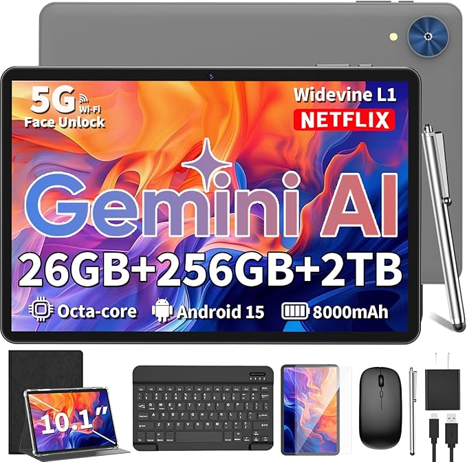 Relndoo Android Tablet, 10.1 inch Android 15 Tablet with Keyboard, 24GB+256GB+2TB Expandable, 2 in 1 Tablets with Keyboard Case Mouse Stylus, Gemini AI, 8-core, 8000mAh, 5G WiFi, GMS,GPS (Black)