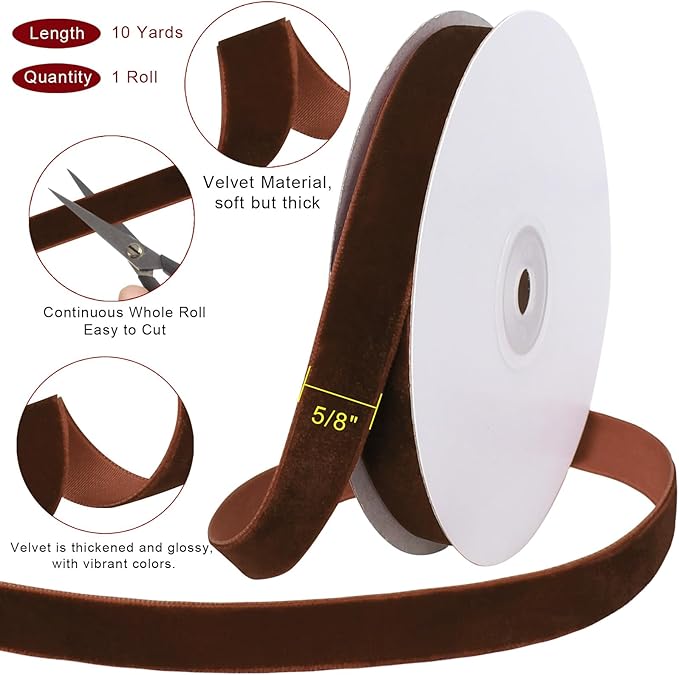 10 Yards Brown Velvet Ribbon for Christmas Tree,5/8 Inch Velvet Christmas Ribbon for Gift Wrapping Crafts Bow Wreath Holiday Decorations (Brown)