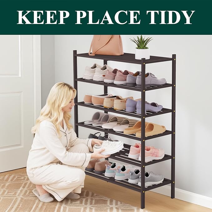 Smiry Bamboo Shoe Rack 6-Tier, Stackable Wooden Shoe Organizer for Entryway & Closet, Free Standing Wood Shoe Storage Shelf for Front Door & Small Spaces, Brown