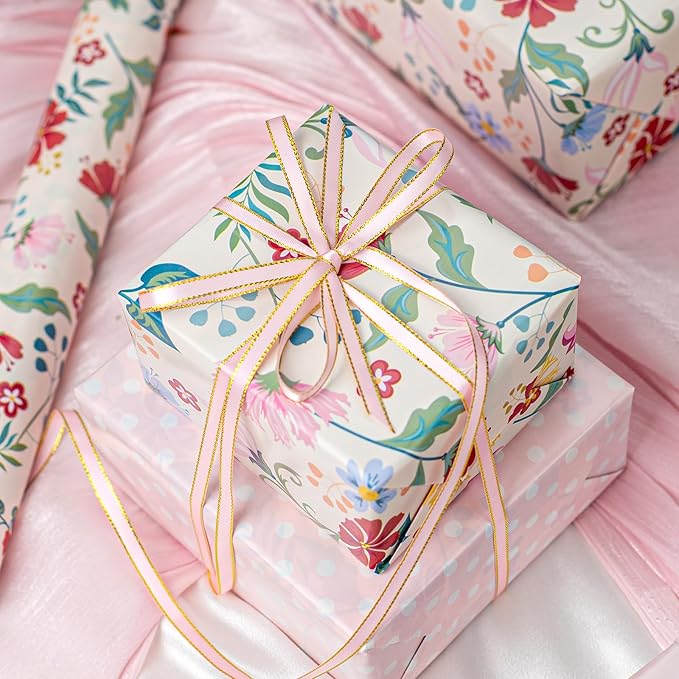 Merture Floral Wrapping Paper Roll with Pink Polka Dots Reverse- 17 In X 32.8 Ft(46.5 sqft) Vintage Warm Flower Design Gift Wrap for Mothers Day, Valentines Day, Birthday, Wedding, Anniversary