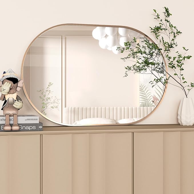 Oval Bathroom Mirror Capsule Wall Vanity Mirror, 24"x36" Pill Mirrors Wall Mounted Mirror, Large Modern Mirror with Gold Metal Frame, Decor for Entryway, Bedroom