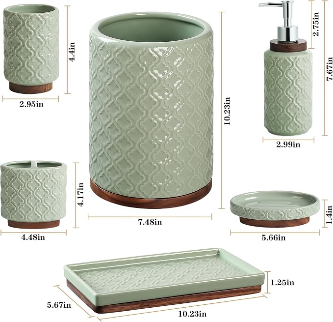 RQYIXI Elegant 6 PCS Ceramic&Wood Bathroom Accessories Set:Soap Dispenser,Toothbrush Holder,Tumbler,Soap Dish,Tray,Trash Can,Easy to Clean,Quatrefoil Pattern,Green-Affordable Home Luxury