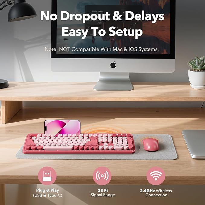 Wireless Keyboard and Mouse Combo with Phone/Tablet Holder, Cute Full-Size Typewriter-Style Keyboard, Retro Round Keycaps, 3-Level DPI Mouse, 2.4GHz Cordless Connection for Windows/PC/Laptop (Pink)