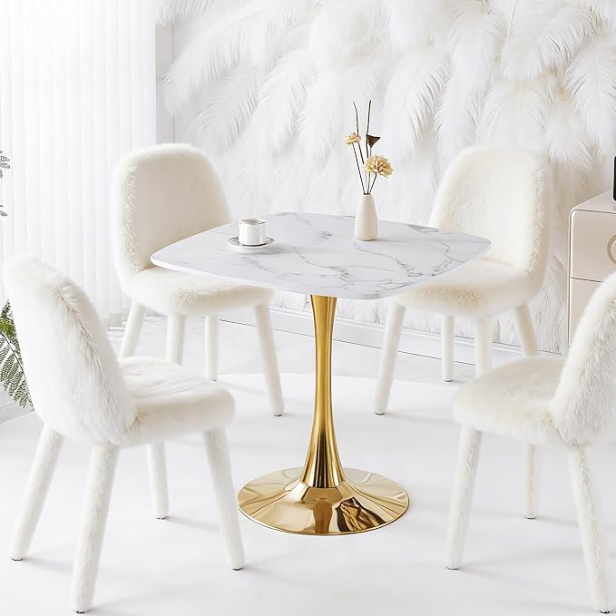 31.5 Inch Square Dining Table for 2 to 4 Person Mid Century Modern Tulip Table with Metal Pedestal Base Thick MDF Top for Apartment Kitchen Bistro Office, White and Golden