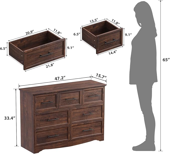 Walnut Dresser for Bedroom, Modern 7 Chest of Drawers, 47" Wide 7 Drawer Dresser with Brushed Metal Handle, Wood Closet Organizers and Storage Cabinet for Bedroom, Living Room, Hallway