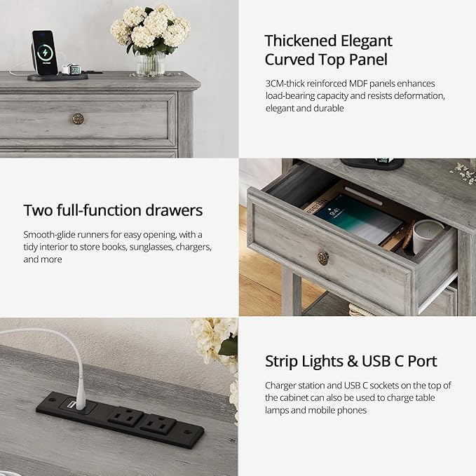 LGHM Large Nightstand with Charger Station, Dressers for Bedroom with 2 Drawers, 25.6" Tall Chest of Drawers Closet Organizers & Storage Clothes -Textured Borders for Living Room, Hallway, Gray