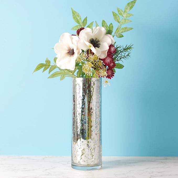 Hosley Silver Mercury Glass Vase Set of 2 Pcs, Large Glass Vases for Flowers, Vases in Bulk, Vintage for Centerpieces, Ideal for Home Décor, Livingroom, Office, Spa