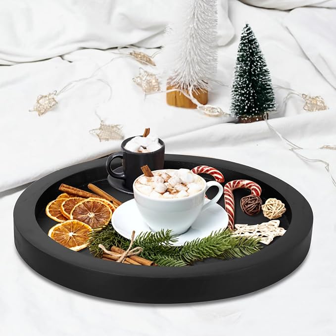 Rustic Decorative Wooden Serving Tray Home Decor Round Ottoman Coffee Table Trays Farmhouse Living Room Dinner Table Centerpiece Accessories Wood Candle Holder Tray for Kitchen Counter Bathroom Vanity