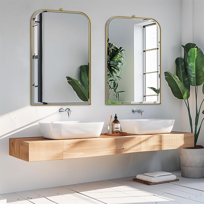 POZINO Brushed Gold Beveled Mirror, 24"x38" Arched Vanity Mirror Over Sink, Rounded Rectangle Mirrors with Stainless Steel Frame, Brass Oblong Mirrors for Bathroom Bedroom Living Room Entryway