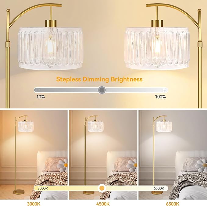 QIYIZM Glass Floor Lamp for Living Room,Bedroom,Gold Dimmable Standing Lamp with Remote,Brass White Tall Lamp Boho Mid Century Modern Floor Lamps Arc Floor Light Lamp Girls Kids Bohemian