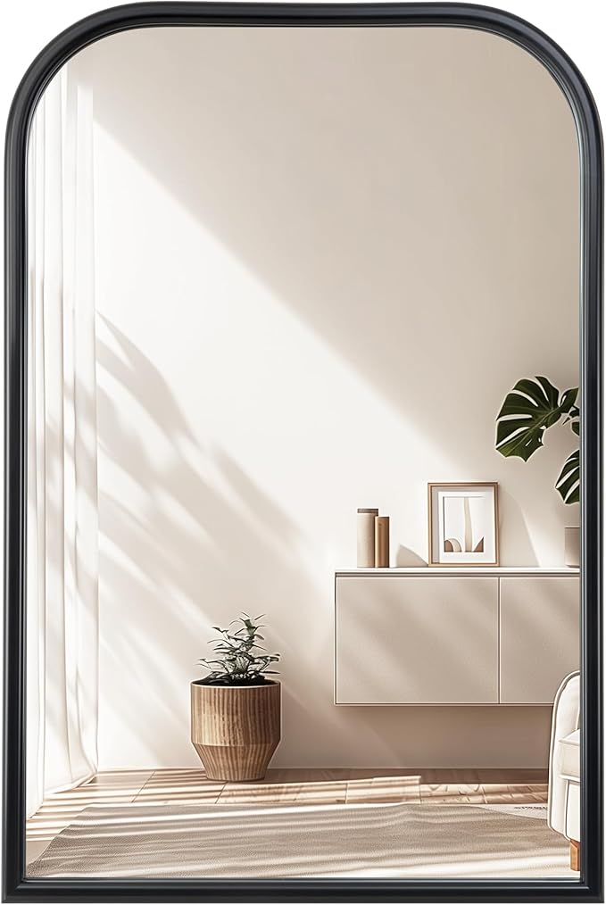 24"x36" Arch Wall Mirror Bathroom Mirror for Wall Mounted, Tempered Glass, Wood Grain Finish Frame Wall Mirror Decorative for Living Room Bedroom Entryway, Black